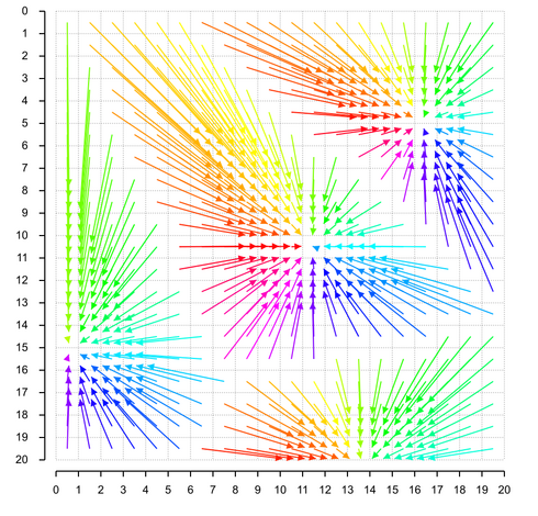 20x20 vector field visualization with vectors visualized as small arrows and directions mapped to different hues. Vector lengths are varying.