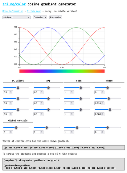 Screenshot of the linked gradient generator tool showing a RGB visualization of the contributing cosine waveforms, the generated gradient and the set of 16 sliders to control various parameters. At the bottom of the image are text boxes with param outputs and code snippets.
