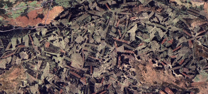 Detail satellite view from Google Maps of a section of the Peak District, showing complex traces of (presumably) some form of farming activity, reminiscent of an abstract painting of shapes & textures.