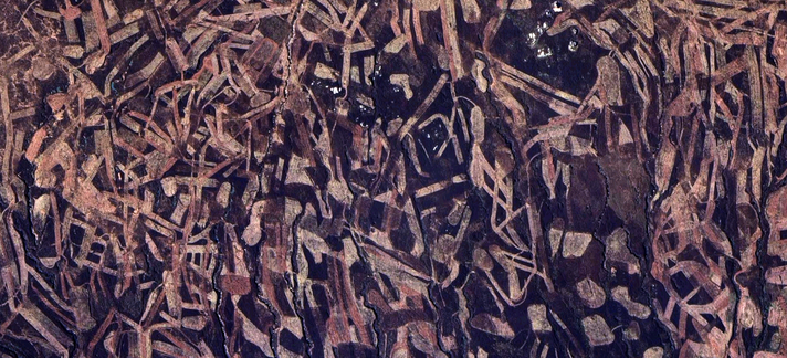 Detail satellite view from Google Maps of a section of the Peak District, showing complex traces of (presumably) some form of farming activity, reminiscent of an abstract painting.