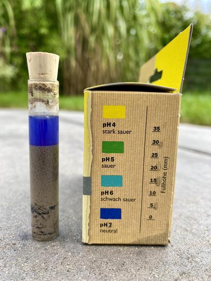 Closeup photo of a test tube with a soil sample and a small paper box with a pH color scale. The liquid in the tube shows a rich blue color, corresponding to pH 7