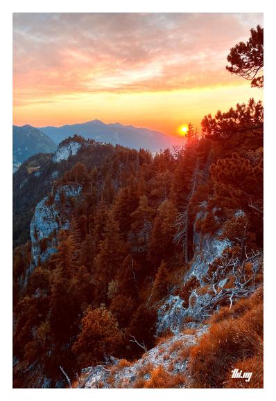 False-color sunset over a craggy cliff and forest during summer solstice.