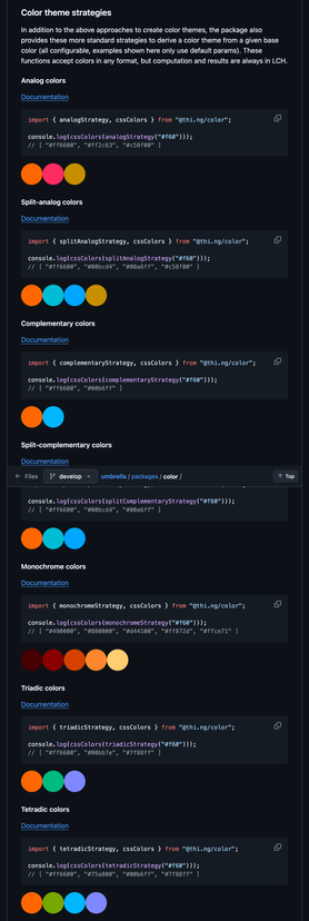 Screenshot of excerpt of the thi.ng/color package readme discussing color scheme strategies. Direct link to relevant section: https://github.com/thi-ng/umbrella/blob/develop/packages/color/README.md#color-theme-strategies