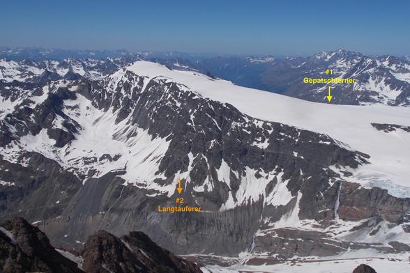 The Weißseespitze and the upper Gepatschferner glacier (right), photographed from the Weißkugel. Two arrows are pointing to the photo locations referenced in the post...