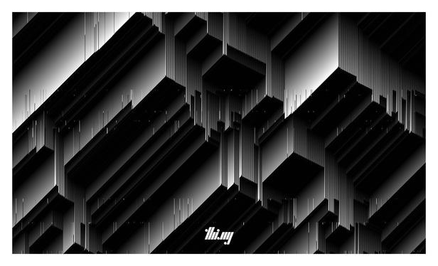 Abstract monochrome still image of a 1.5D multi-organism cellular automata simulation, almost 3D looking structures.