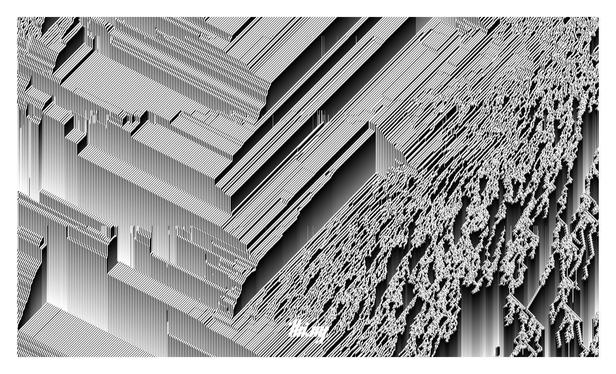 Abstract monochrome still image of a 1.5D multi-organism cellular automata simulation, with some parts showing almost geometric features vs others more organic-looking branching structures.