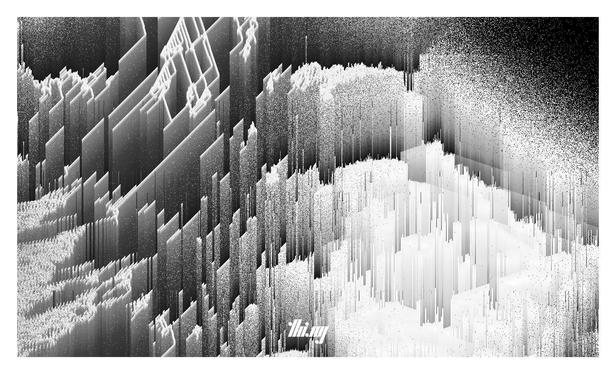 Abstract monochrome still image of a 1.5D multi-organism cellular automata simulation, showing the parallel evolution and fight between almost geometric features vs more organic-looking branching and noisy structures.