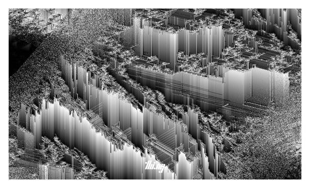 Abstract monochrome still image of a 1.5D multi-organism cellular automata simulation, showing the parallel evolution and fight between almost geometric features vs more organic-looking branching and noisy structures.