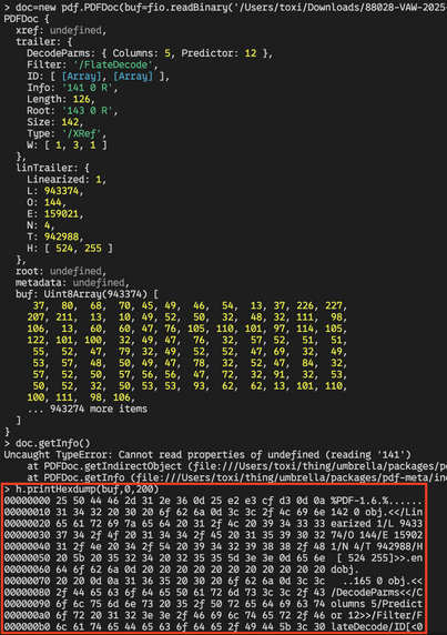 Cropped screensho of a NodeJS REPL session showing an hexdump of a chunk of binary PDF data (trying to analyze why an earlier parse error occurred...)