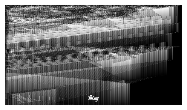 Abstract monochrome still image of a 1.5D cellular automata simulation, showing the evolution of almost geometric/architectural features from an initial seed generation of just noise.