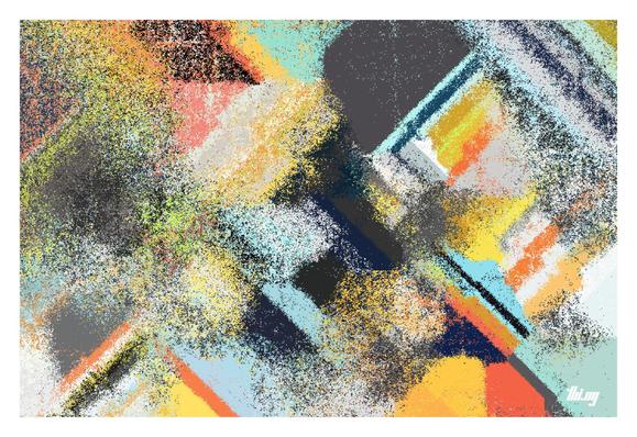 A colorful abstract composition of multi-layered concentric shapes and partially perturbed to dissolve into clouds and grungy textures of pixel dust.