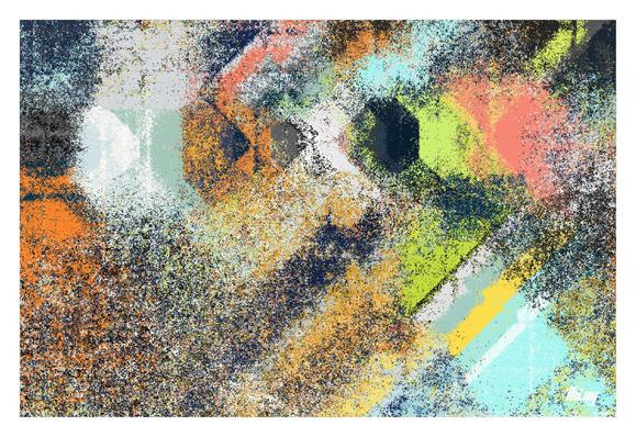 A colorful abstract composition of multi-layered concentric shapes and partially perturbed to dissolve into clouds and grungy textures of pixel dust.