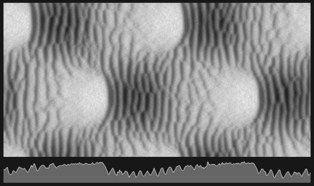 Screenshot showing a 2D grayscale height map of the simulated dune formation process. Below it is a cross-section profile view of the map's center row...