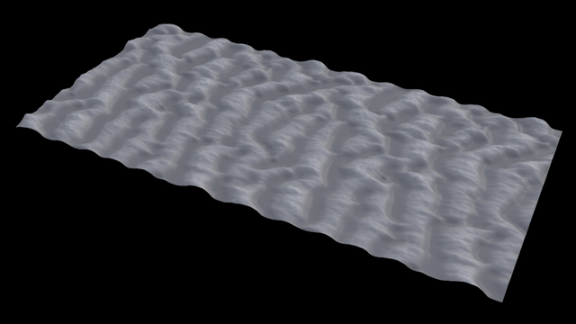3D render of a simulated dune with adjusted wind & deposition params to make the ripples wider and more sloped...