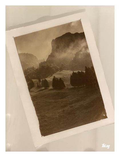 Photo of a photo: A sepia tinted monochromatic salt print in a photo tray water bath during the final stage of the development process. The photo emulsion was hand painted on the paper with a brush and has some fuzzy edges in the bottom half (likely from removing the masking tape a little too early)

The subject photo shows a romantic multi-layered mountain scene with towering rock faces quickly being engulfed by clouds forming around them, further down smooth grassy meadows and groups of swi…