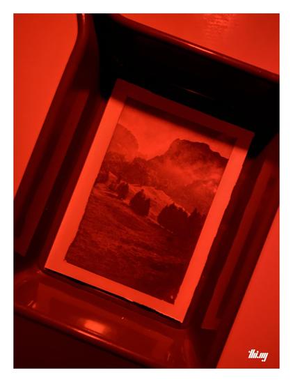 Darkroom view of the same photo in another tray during development. The red light makes the contrast of the image appear more strong...