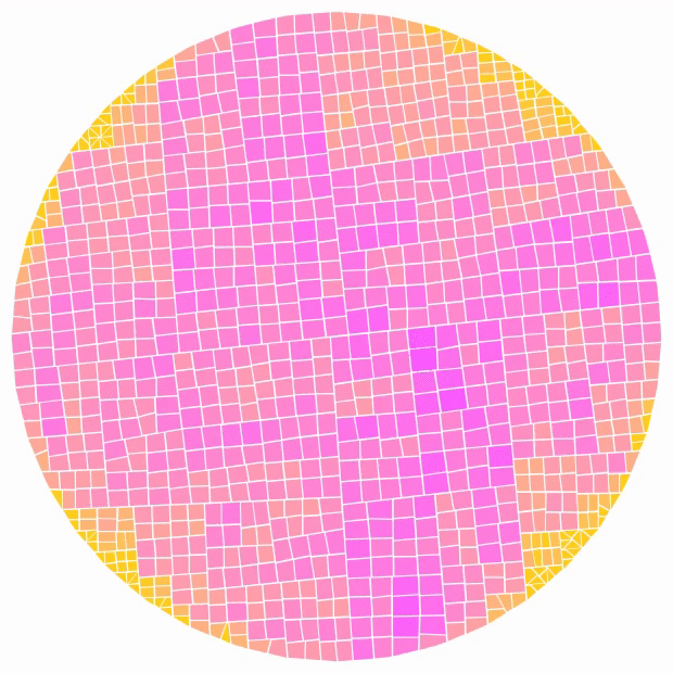 Stop frame animation of a randomized abstract composition of initially thousands of small polygons, slowly converging into only a handful of larger cells/shards. The animation shows the recursive subdivision process in reverse order, i.e. the larger cells at the end are actually some of the first polygons created by randomly slicing the seed polygon (a circular 40-gon). The area/size of each individual poly is mapped to a color from a gradient, with small polys in orange/yellow/pink and large o…