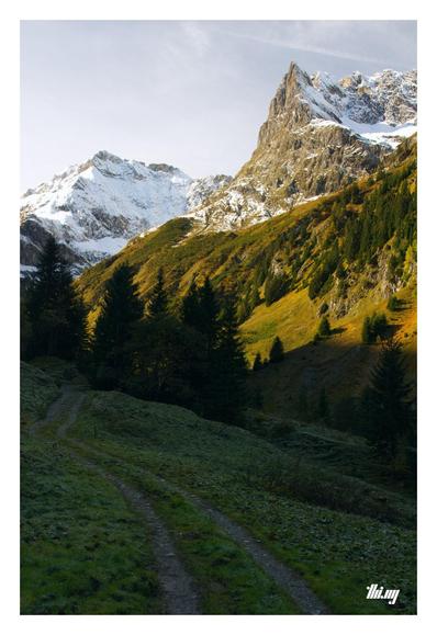 A path in an alpine valley leading into the distance towards a group of trees. On the right, steep sunlit slopes are rising up towards sharp mountain peaks dusted with snow. Gray, semi-overcast sky. It's still early morning and so the valley floor is still all in shade.