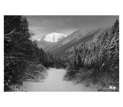 B&W photo of a moody winter landscape with dense forest on both sides of an empty snowed-in riverbed leading into the distance. Large mountains in the background, with one of the summits catching the last light. The mountains closer are all cut off by low hanging dark clouds descending into the valley.