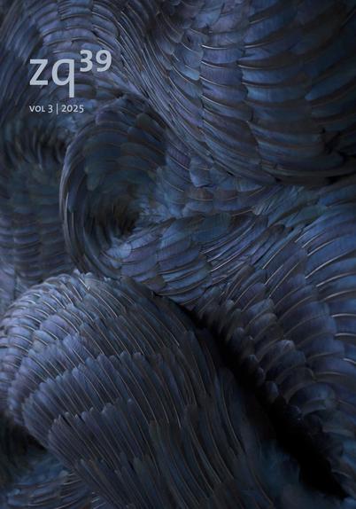 Zygote 39 cover art: Close-up detail of a sculpture with fluid swirling forms made of feathers. KateMccGwire | Flux (detail), 2017 | Mixed media with magpie feathers