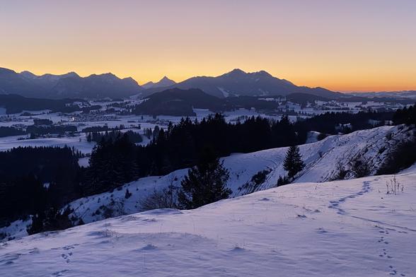 Post-sunset winter landscape and view of the Allgäuer Alps and foothills. The clear sky is full of colorful warm glow & gradients, partially reflected in the snow (almost purple looking). Rabbit tracks in the snow in the foreground.