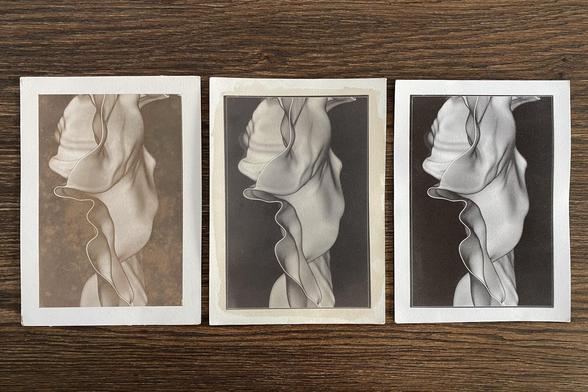 Photo of 3 kallitype prints (of the same artwork) lying on a table. See individual descriptions in main message.