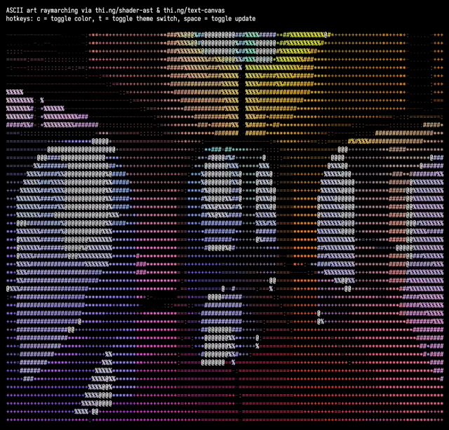 Screenrecording of the linked demo, showing a rotating infinite 3D grid of colorful cube-like structures with smooth intersections. Every few seconds the animation cycles between different character sets used to represent the rendered frames as text.
