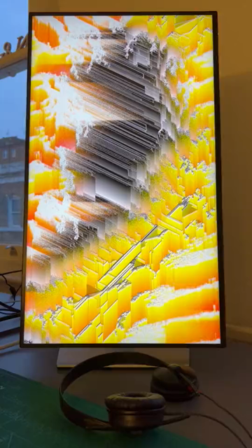 Short phone video of an abstract, colorful 1.5D cellular automata artwork, with different automata creating different structures which are partially displacing and/or morphing & interacting with each other whilst they all co-evolve in the same shared space/environment. After a few seconds the camera zooms into a region of the artwork to show more close-up details.