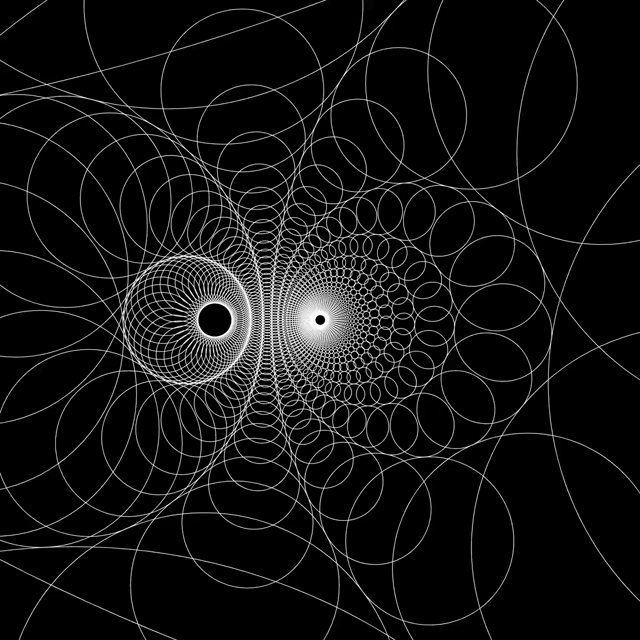 B&W animation loop of hundreds of white circles in black hyperbolic space. The oscillating shift of the focal point is causing an constant change to the inversion/projection and the resulting constellation of circles