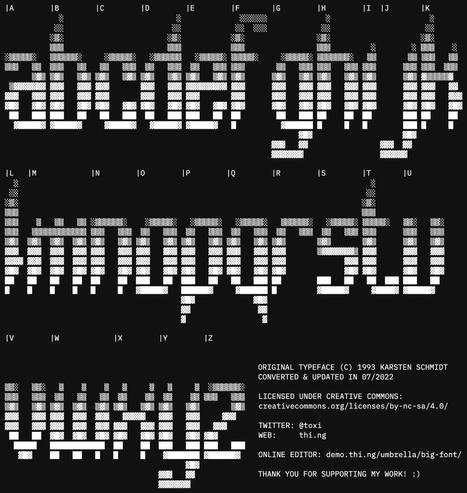 Screenshot of a proportional text-based typeface, with each character made up of box-drawing characters to create gradients within each letter form.