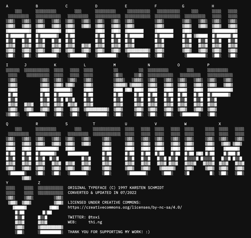Screenshot of a proportional text-based typeface, with each character made up of box-drawing characters to create gradients within each letter form.