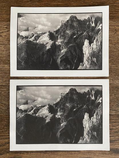 Two 6x4" kallitype prints using slightly different negatives of the same image. The bottom one is slightly too dark and has very little detail in the shadows, the top one has slightly blown out highlights and a more grainy look.