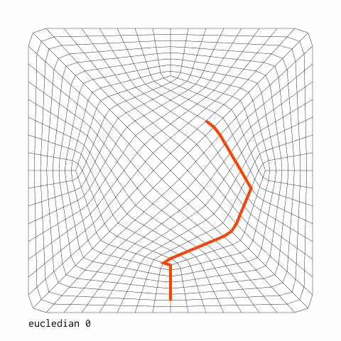 Animation showing a subdivided quadmesh (consisting of ~320 faces) which is being iteratively highlighted by orange paths navigating the edges of the mesh to show progress of the path planner. Initially the paths are longer, but are becoming shorter as more edges of the mesh have already been visited. Visited edges are then shown as thick gray lines.