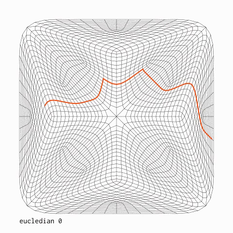 Animation showing a subdivided quadmesh (consisting of ~480 faces) which is being iteratively highlighted by orange paths navigating the edges of the mesh to show progress of the path planner. Initially the paths are longer, but are becoming shorter as more edges of the mesh have already been visited. Visited edges are then shown as thick gray lines.