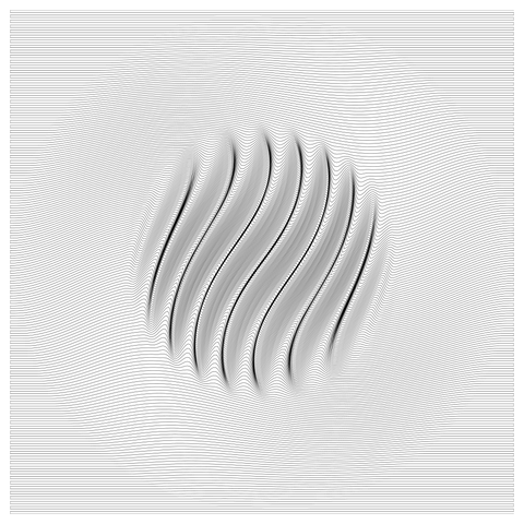 Abstract art of a single black zigzag line on white background with an applied displacement field to create a superimposed pattern in the center, locally deforming the line...