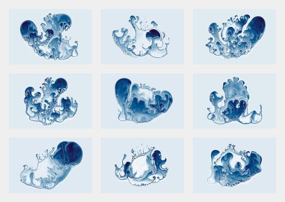 A 3x3 grid of complex abstract shapes created via fluid simulations as described in the post. The images have a monochromatic blue tint (the underlying simulation is just producing a grayscale image)