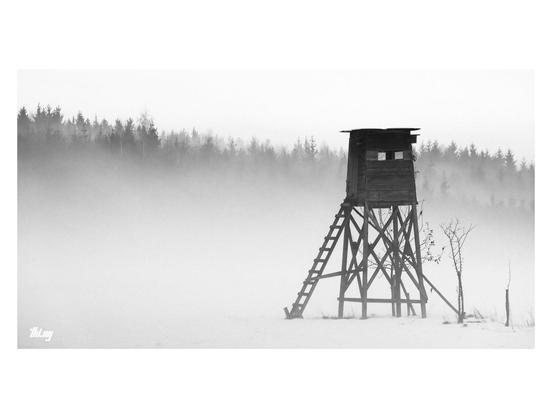Wide-format B&W picture of a hunting stand in a snowy landscape, surrounded by heavy ground fog. The edge of a forest in the background. Fog drifting through the trees.