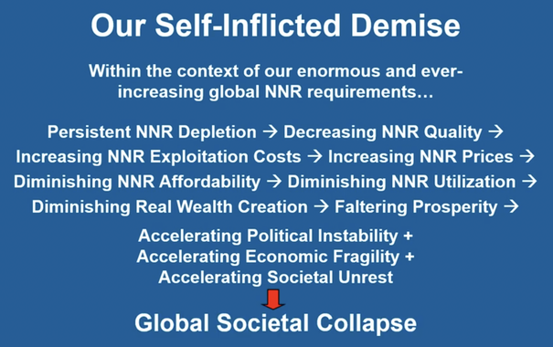 A slide from the linked video presentation:

"Our Self-Inflicted Demise

Within the context of our enormous and ever-increasing global NNR requirements...

Persistent NNR Depletion → Decreasing NNR Quality → Increasing NNR Exploitation Costs → Increasing NNR Prices → Diminishing NN Affordability → Diminishing NNR Utilization → Diminishing Real Wealth Creation → Faltering Prosperity →

Accelerating Political Instability + Accelerating Economic Fragility + Accelerating Societal Unrest

…