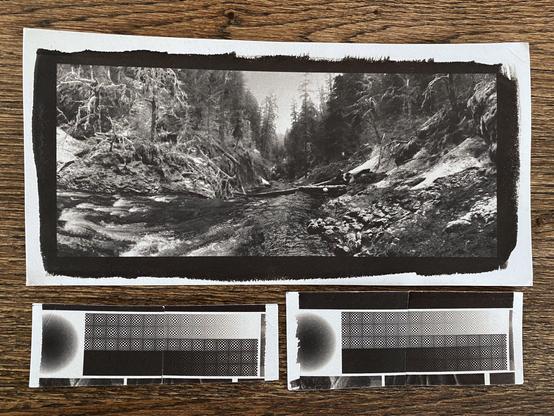 iPhone photo of 3 printed pieces of paper on a table., the largest showing a kallitype print of a moody scene of a mountain creak flowing through a wintry forest canyon. Below the main image are two smaller test strips showing gradients and checkerboard patterns (partially cut off)