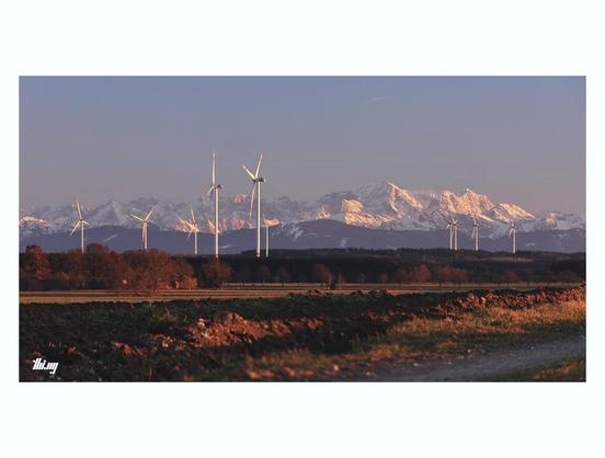 Wide-format photo of the snow covered Wetterstein massif (incl. Zugspitze) seen from a distance from the foothills of the northern Alps. Two wind farms with 10 wind wheels in total in the forests at medium distance. Fields bathed in the warm spring evening light in the foreground. Clear blue/purple sky.
