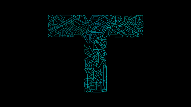 Abstract artwork of lines in different shades of cyan on black background. The lines are constrained by a boundary in the shape of a capital letter T.