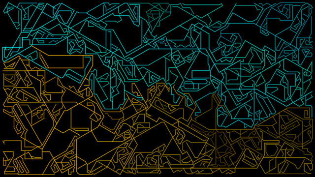 Abstract artwork of lines in different shades of cyan & yellow/mustard on black background. All line directions are a multiple of 15 degrees.