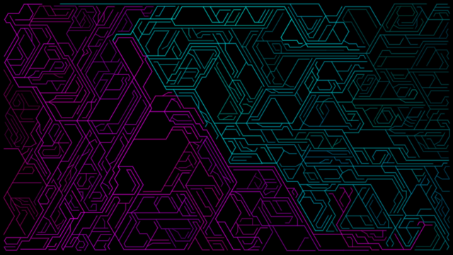 Abstract artwork of lines in different shades of cyan & magenta on black background. All line directions are a multiple of 60 degrees.