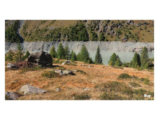 Wide-format photo of a high alpine landscape with dried orange grasses (picture taken on a sunny day in early October), shrubs, boulders and patches of small trees. In the medium distance is a large water reservoir with low water level of milky gray water. Steep grassy & rocky slopes and erosion gullies in the background. No visible sky.