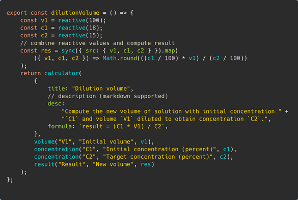TypeScript source code of the entire reactive "dilution volume" calculator module of the linked example project