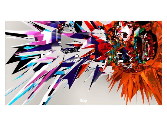 3D render of a highly abstracted, faceted and distorted object, actually the first three letters of the word DECODE. The object has a mirrored surface reflecting a chaotic and scattered arrangement of multi-colored objects behind the camera. Plain light gray background.