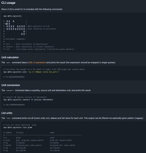 Screenshot of the CLI section of the thi.ng/units readme, giving a brief overview of the three available commands and their basic usage.