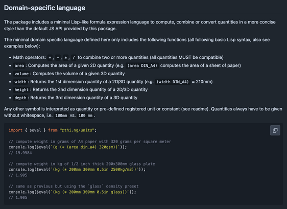 Screenshot of the Domain-specific language section of the thi.ng/units readme.