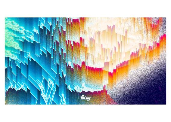 Snapshot of a variation of C-SCAPE, a generative art piece, using multiple co-evolving 1.5D cellular automata to create endless, complex, abstract landscape-like compositions with sometimes architectural, glitchy features/patterns, tectonic rifts, strata etc.