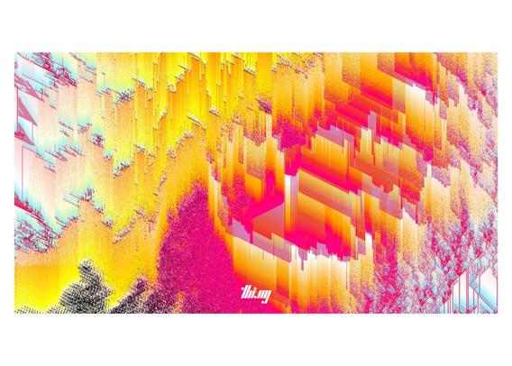 Snapshot of a variation of C-SCAPE, a generative art piece, using multiple co-evolving 1.5D cellular automata to create endless, complex, abstract landscape-like compositions with sometimes architectural, glitchy features/patterns, tectonic rifts, strata etc.
